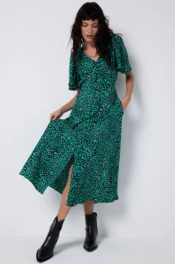 Women Scamp & Dude Green with Black Leopard Angel Sleeve Midi Tea Dress