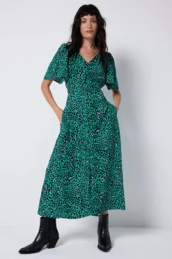 Women Scamp & Dude Green with Black Leopard Angel Sleeve Midi Tea Dress