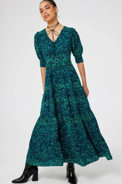 Women Scamp & Dude Green with Black Wild Leopard Maxi Dress