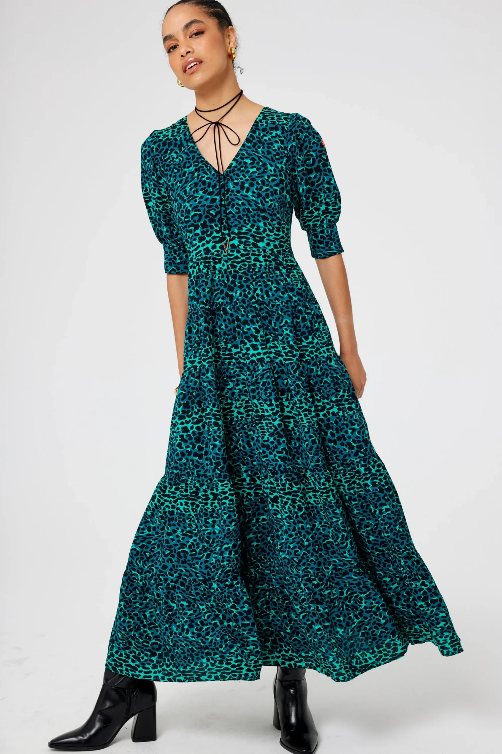 Women Scamp & Dude Green with Black Wild Leopard Maxi Dress