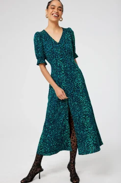 Women Scamp & Dude Green with Black Wild Leopard Flute Sleeve Midi Tea Dress