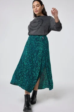 Women Scamp & Dude Green with Black Wild Leopard Side Split Skirt
