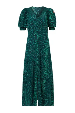 Women Scamp & Dude Green with Black Wild Leopard Flute Sleeve Midi Tea Dress