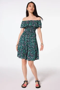 Women Scamp & Dude Green with Pink and Black Leopard Short Bardot Dress