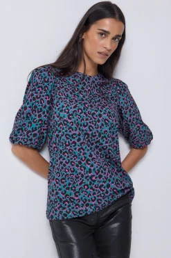 Women Scamp & Dude Green with Pink and Black Shadow Leopard Puff Sleeve T-Shirt