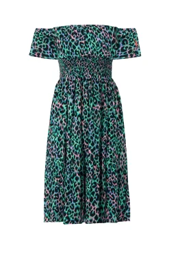 Women Scamp & Dude Green with Pink and Black Leopard Short Bardot Dress