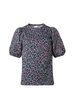Women Scamp & Dude Green with Pink and Black Shadow Leopard Puff Sleeve T-Shirt