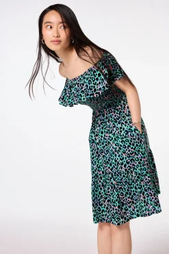 Women Scamp & Dude Green with Pink and Black Leopard Short Bardot Dress