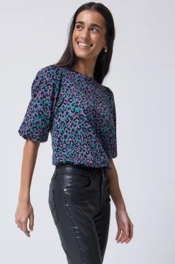 Women Scamp & Dude Green with Pink and Black Shadow Leopard Puff Sleeve T-Shirt