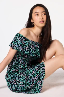Women Scamp & Dude Green with Pink and Black Leopard Short Bardot Dress
