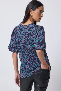 Women Scamp & Dude Green with Pink and Black Shadow Leopard Puff Sleeve T-Shirt