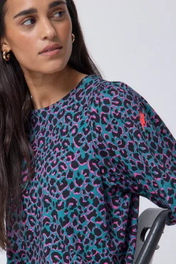 Women Scamp & Dude Green with Pink and Black Shadow Leopard Puff Sleeve T-Shirt