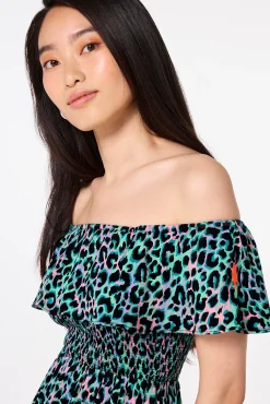 Women Scamp & Dude Green with Pink and Black Leopard Short Bardot Dress