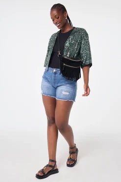 Women Scamp & Dude Green with Silver Sequin Cropped Jacket