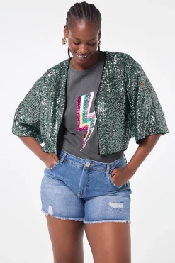 Women Scamp & Dude Green with Silver Sequin Cropped Jacket