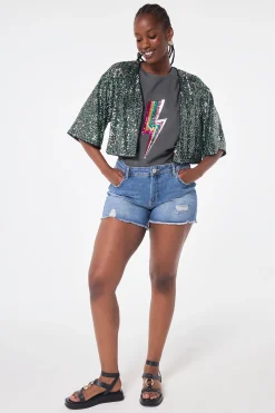 Women Scamp & Dude Green with Silver Sequin Cropped Jacket