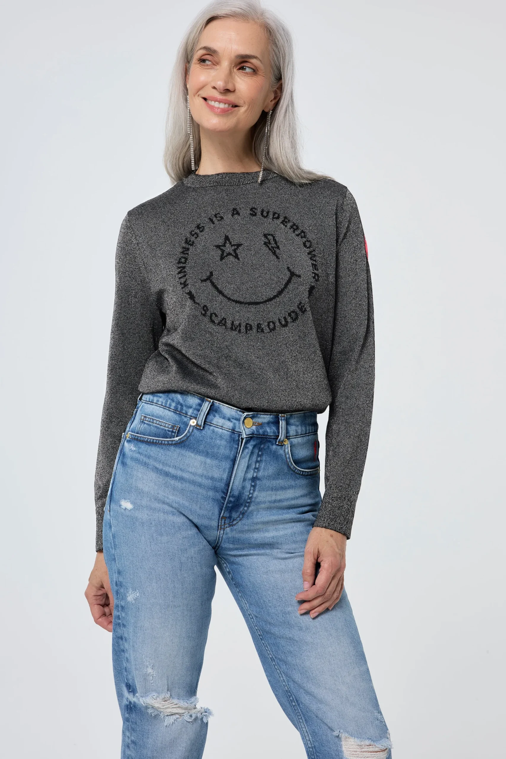 Women Scamp & Dude Grey with Black Smiley Face Lurex Knit Jumper