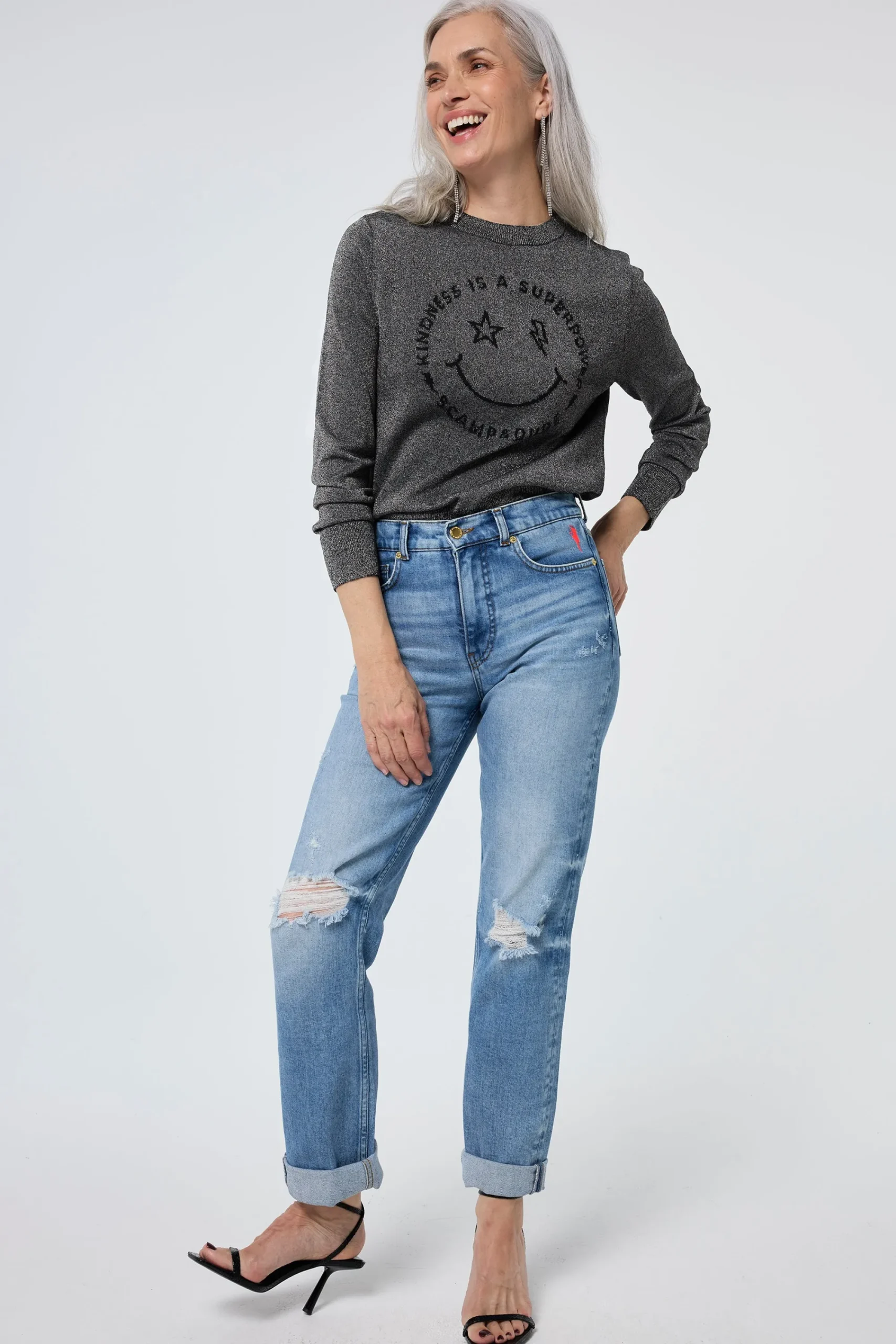 Women Scamp & Dude Grey with Black Smiley Face Lurex Knit Jumper