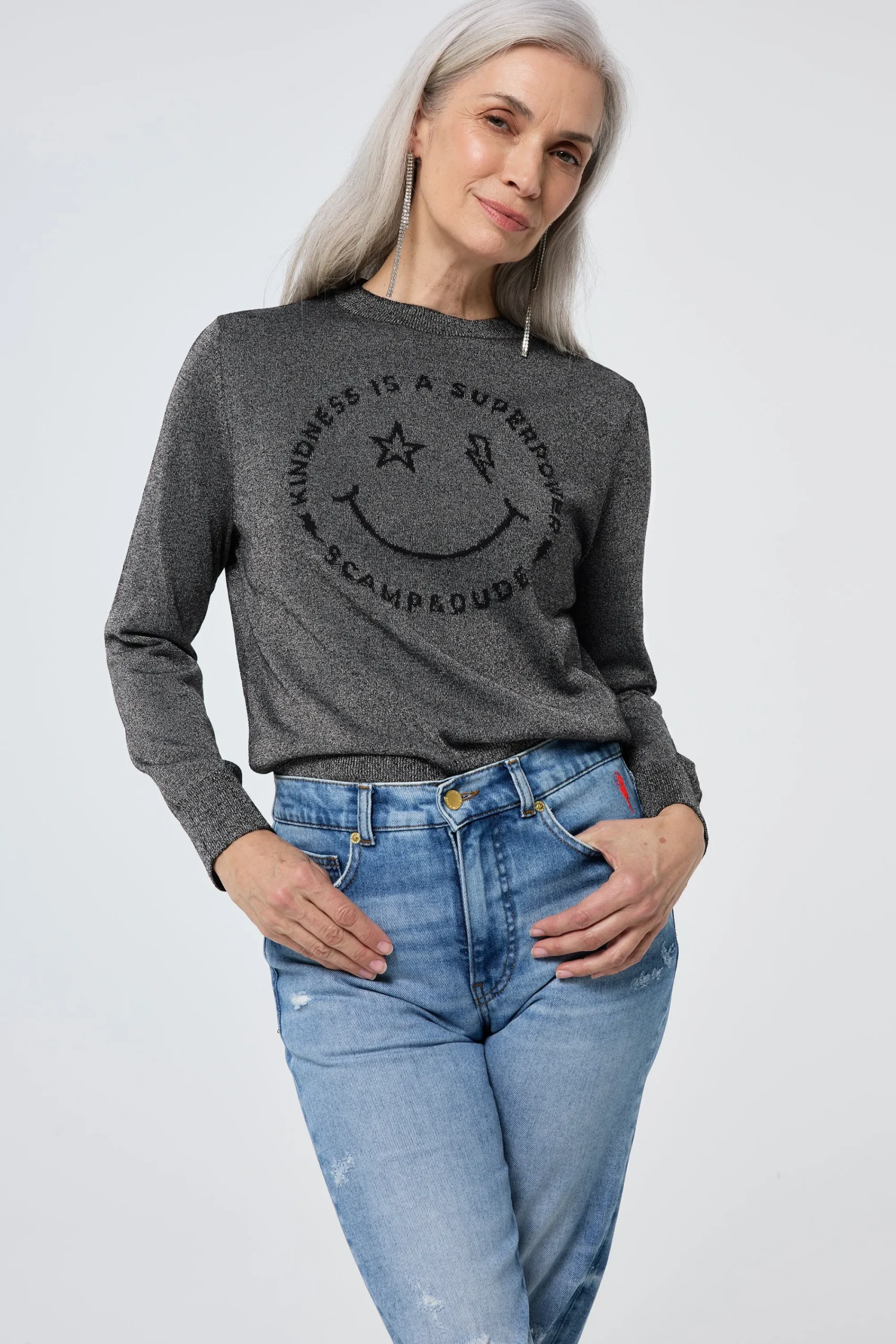 Women Scamp & Dude Grey with Black Smiley Face Lurex Knit Jumper