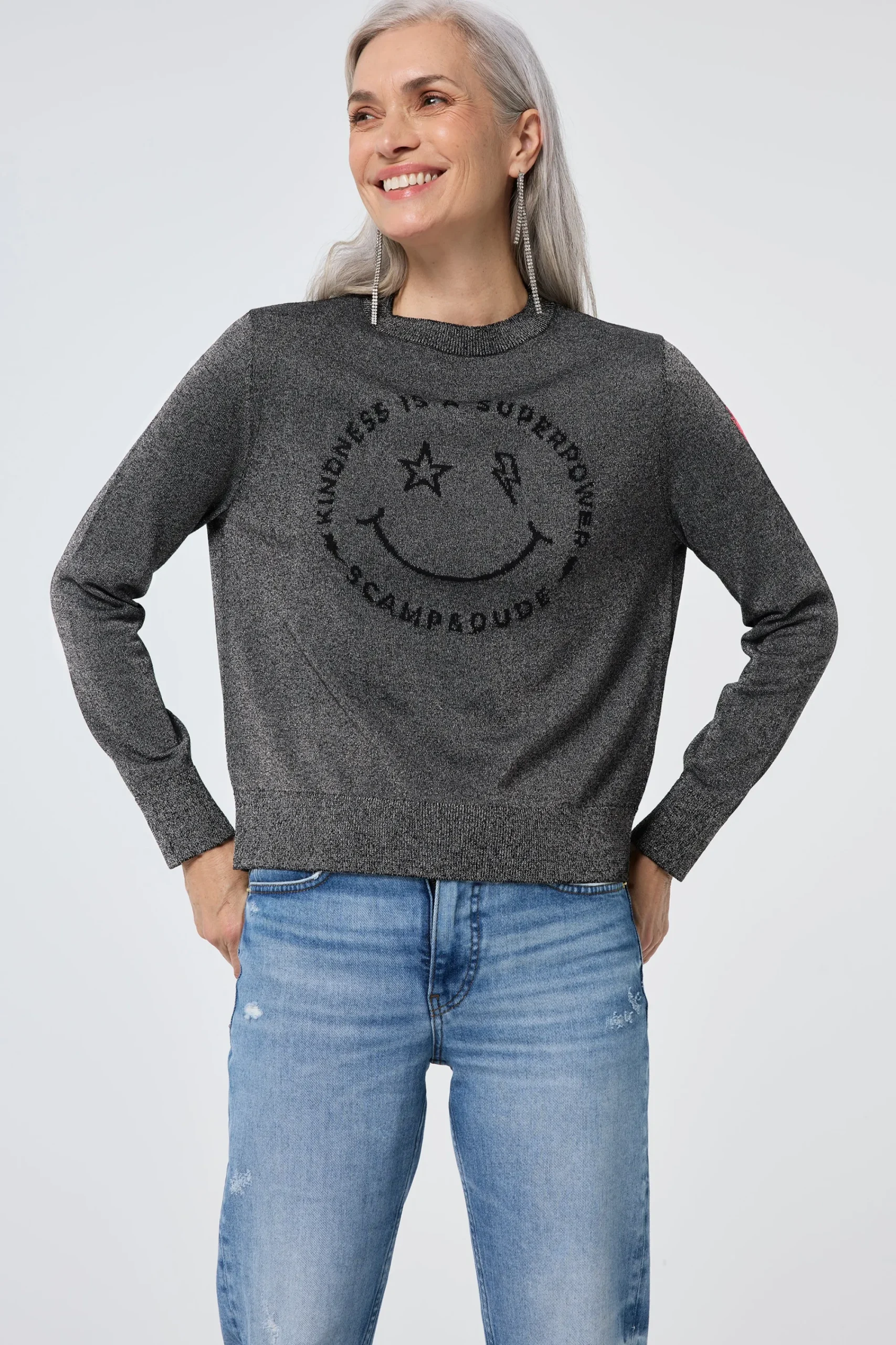 Women Scamp & Dude Grey with Black Smiley Face Lurex Knit Jumper