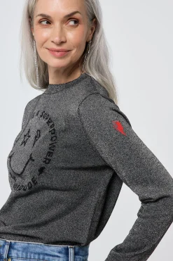 Women Scamp & Dude Grey with Black Smiley Face Lurex Knit Jumper