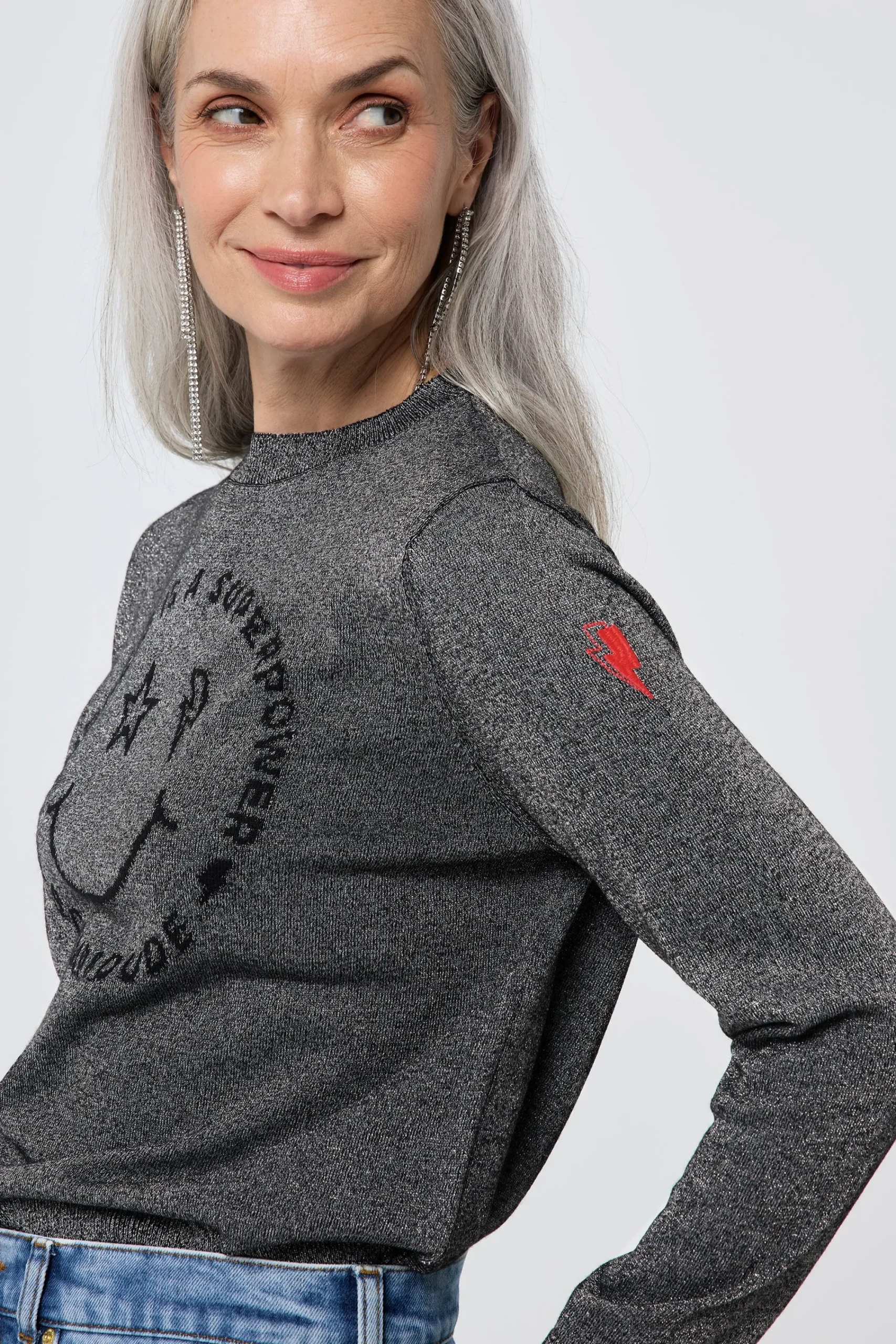 Women Scamp & Dude Grey with Black Smiley Face Lurex Knit Jumper