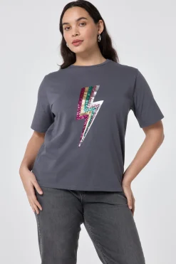 Women Scamp & Dude Grey with Multi Coloured Sequin and Foil Lightning Bolt T-Shirt