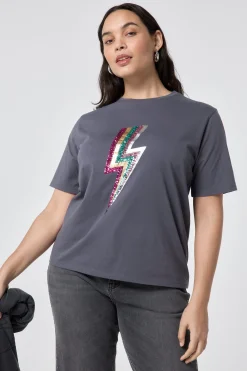 Women Scamp & Dude Grey with Multi Coloured Sequin and Foil Lightning Bolt T-Shirt