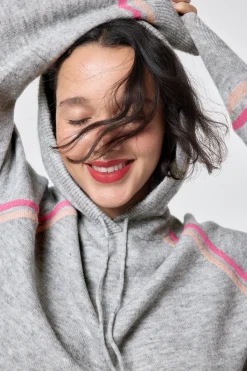 Women Scamp & Dude Grey with Peach and Pink Stripe Knitted Lounge Wear Hoodie