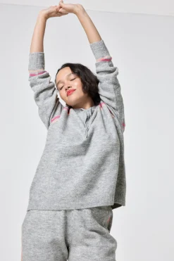 Women Scamp & Dude Grey with Peach and Pink Stripe Knitted Lounge Wear Hoodie