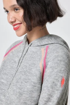 Women Scamp & Dude Grey with Peach and Pink Stripe Knitted Lounge Wear Hoodie