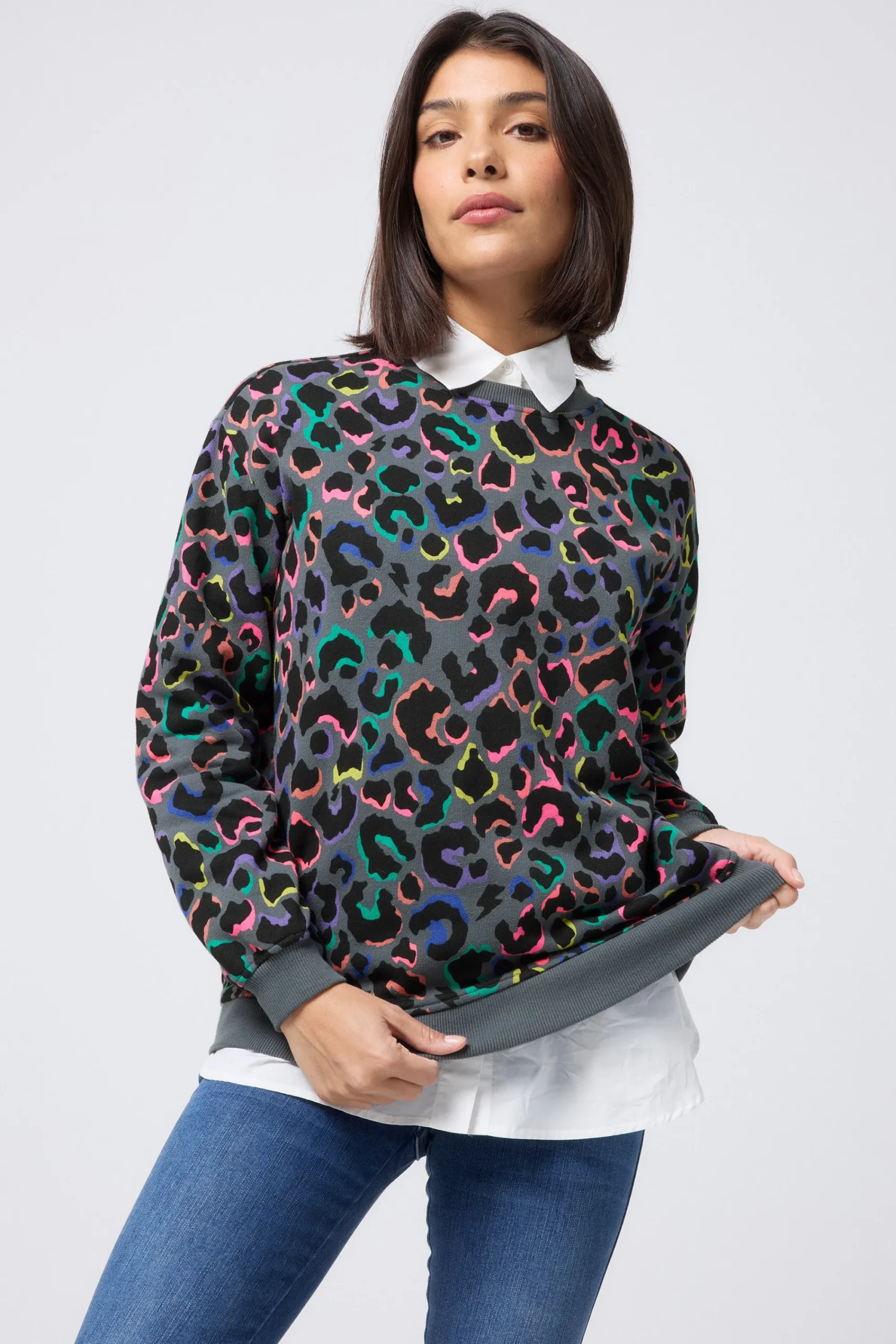 Women Scamp & Dude Grey with Rainbow Shadow Leopard Oversized Sweatshirt