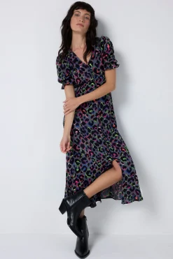 Women Scamp & Dude Grey with Rainbow Shadow Leopard Flute Sleeve Midi Tea Dress