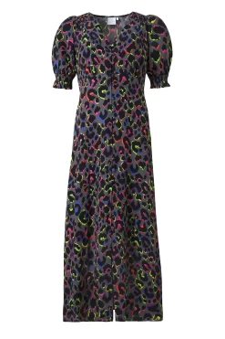 Women Scamp & Dude Grey with Rainbow Shadow Leopard Flute Sleeve Midi Tea Dress