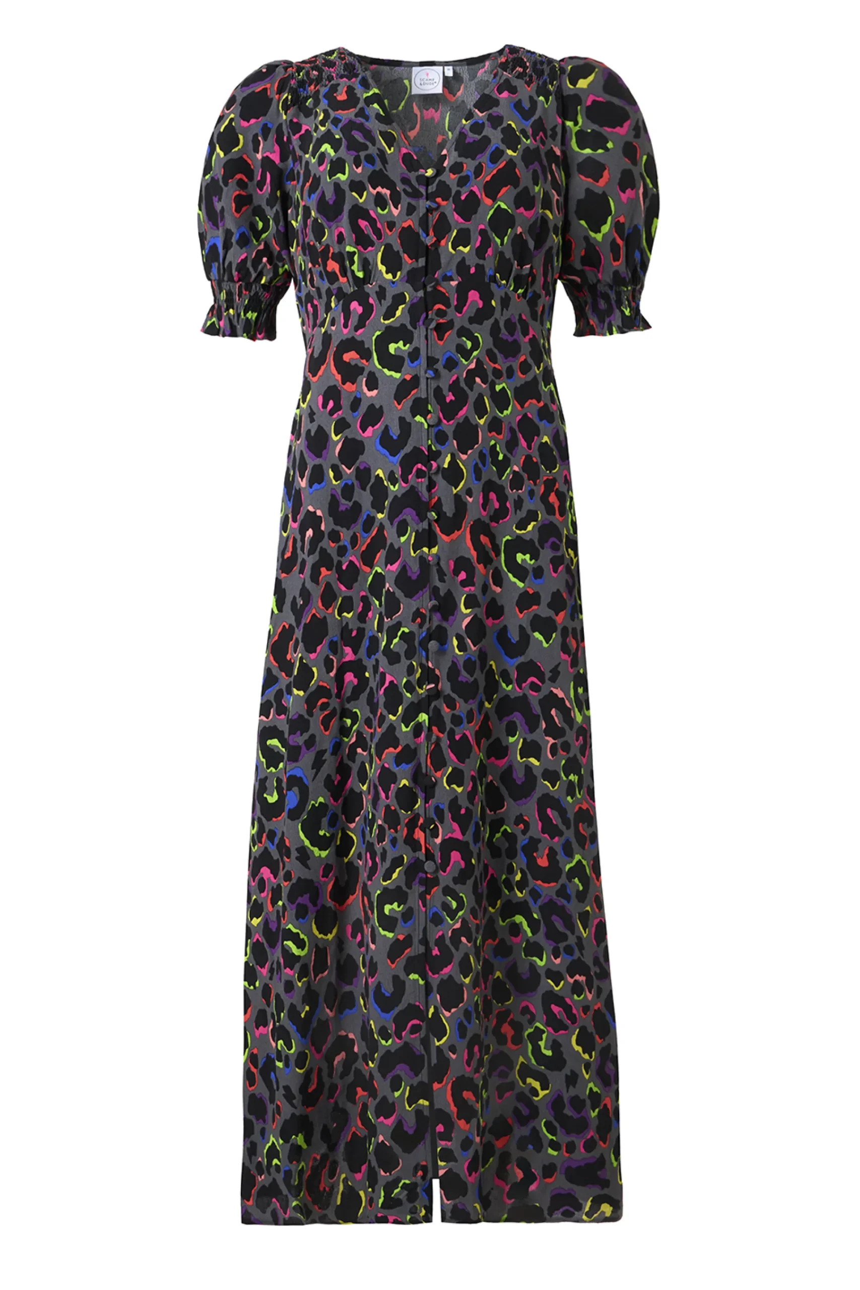 Women Scamp & Dude Grey with Rainbow Shadow Leopard Flute Sleeve Midi Tea Dress