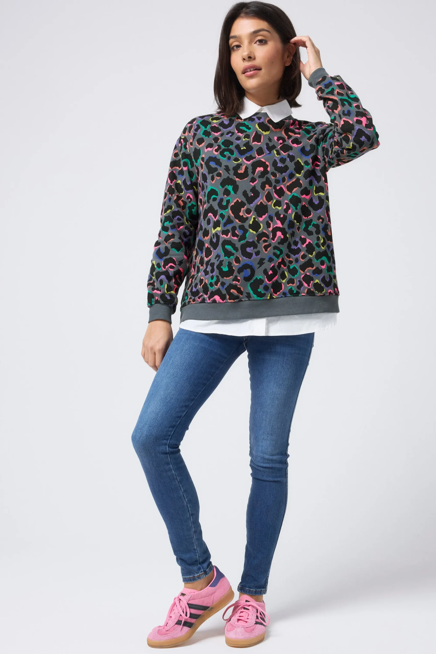 Women Scamp & Dude Grey with Rainbow Shadow Leopard Oversized Sweatshirt