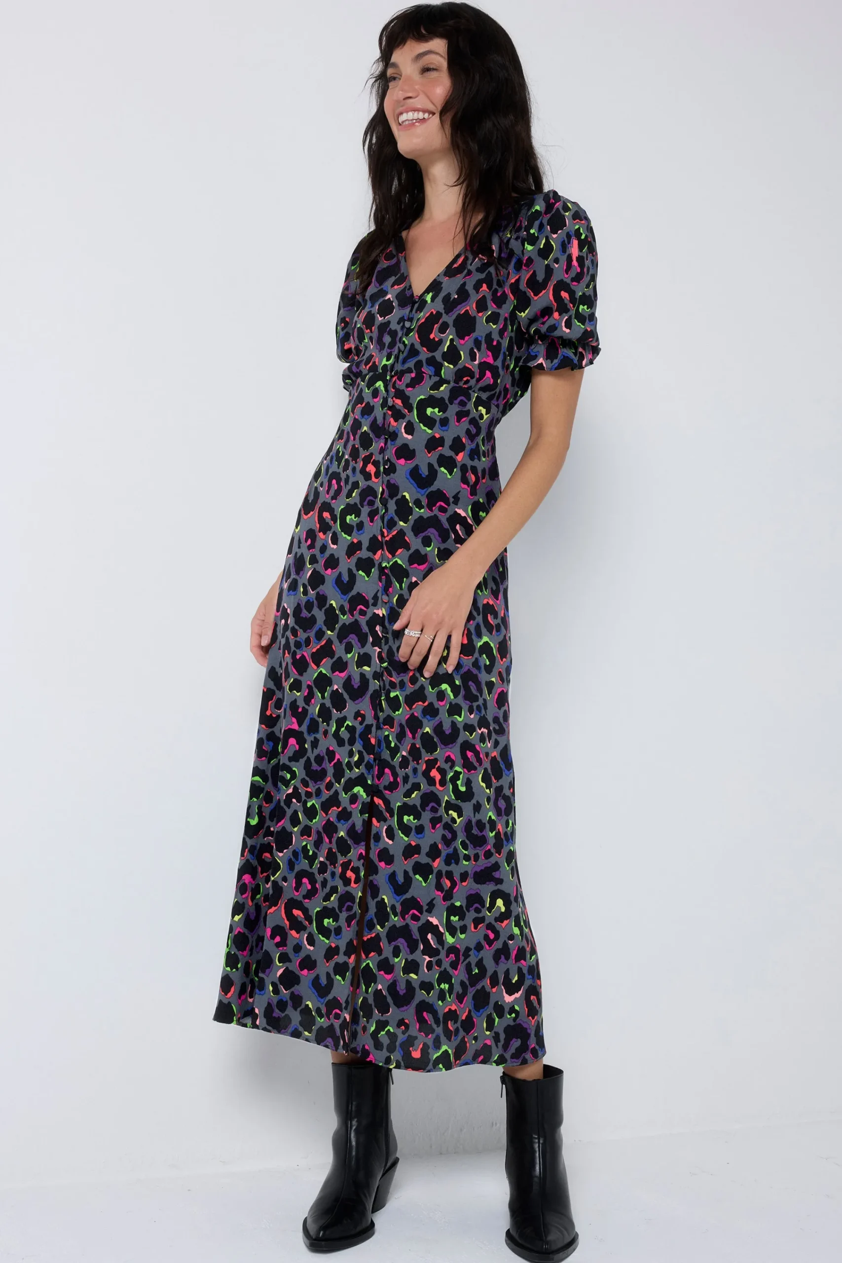 Women Scamp & Dude Grey with Rainbow Shadow Leopard Flute Sleeve Midi Tea Dress