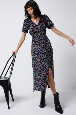 Women Scamp & Dude Grey with Rainbow Shadow Leopard Flute Sleeve Midi Tea Dress
