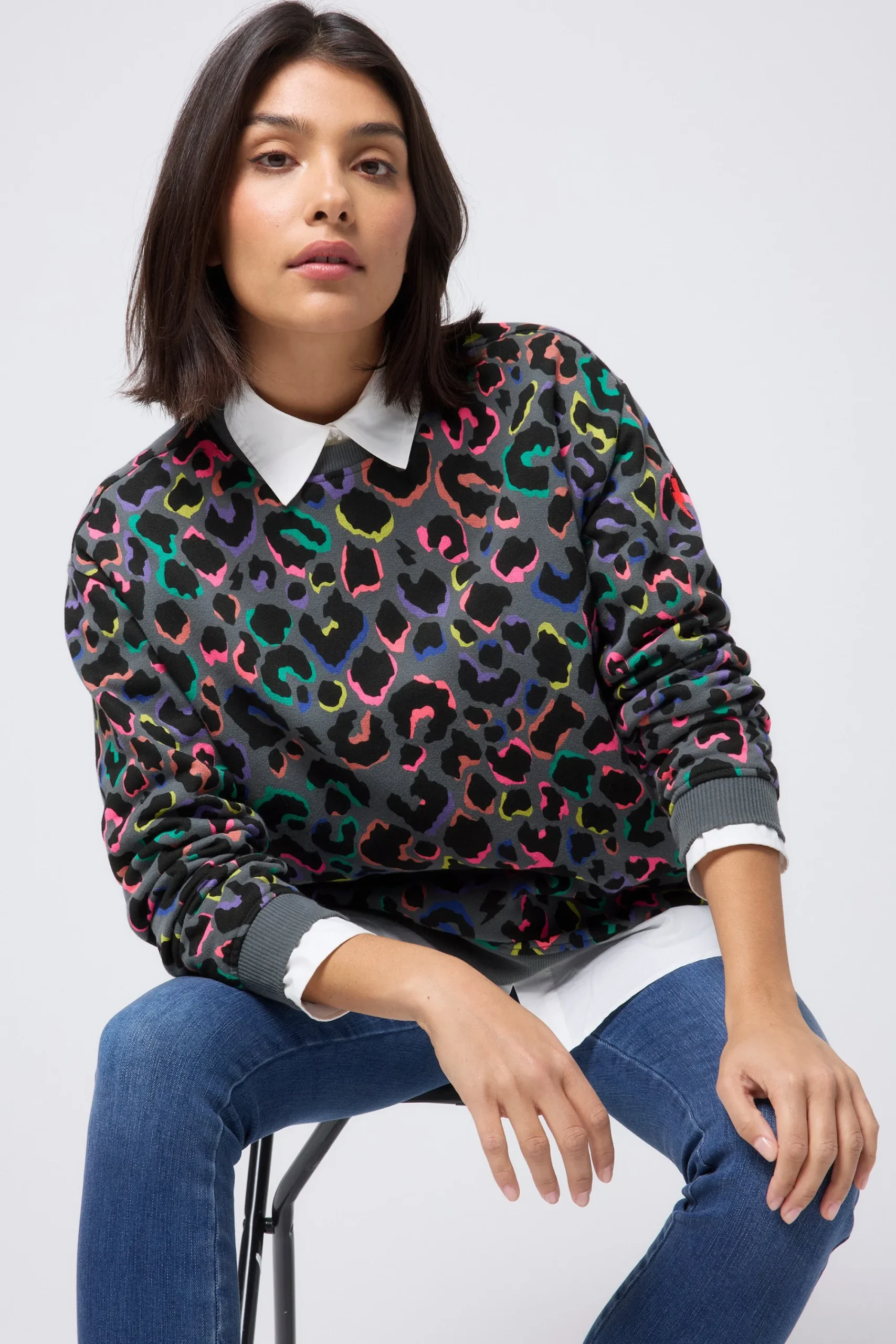 Women Scamp & Dude Grey with Rainbow Shadow Leopard Oversized Sweatshirt