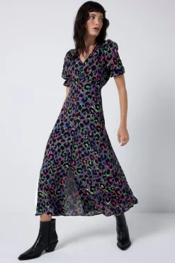 Women Scamp & Dude Grey with Rainbow Shadow Leopard Flute Sleeve Midi Tea Dress