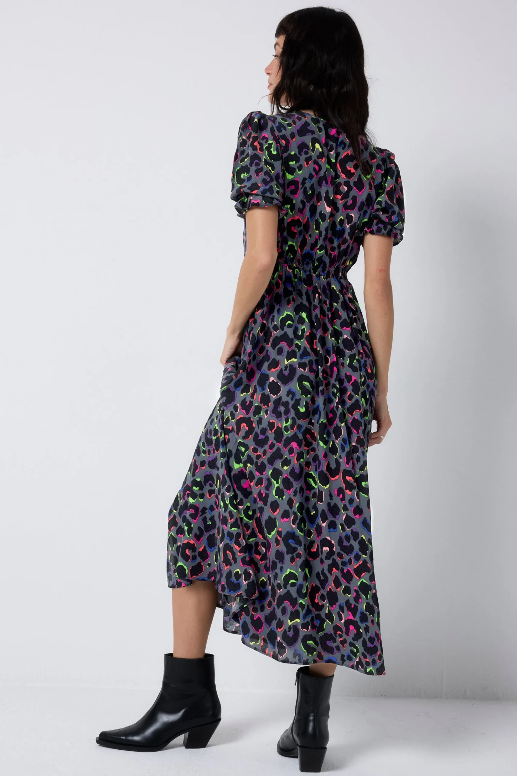 Women Scamp & Dude Grey with Rainbow Shadow Leopard Flute Sleeve Midi Tea Dress