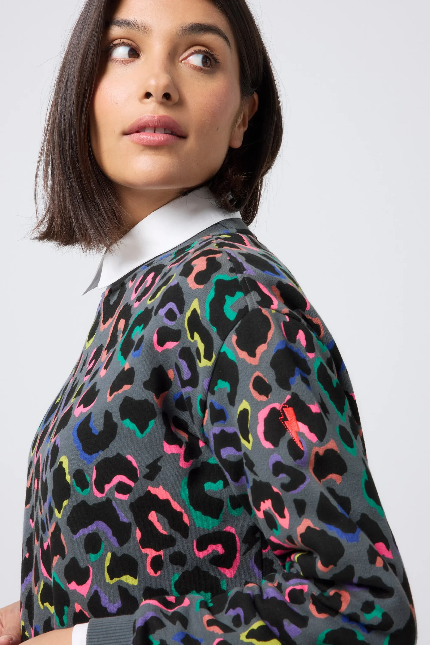 Women Scamp & Dude Grey with Rainbow Shadow Leopard Oversized Sweatshirt