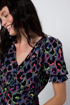 Women Scamp & Dude Grey with Rainbow Shadow Leopard Flute Sleeve Midi Tea Dress