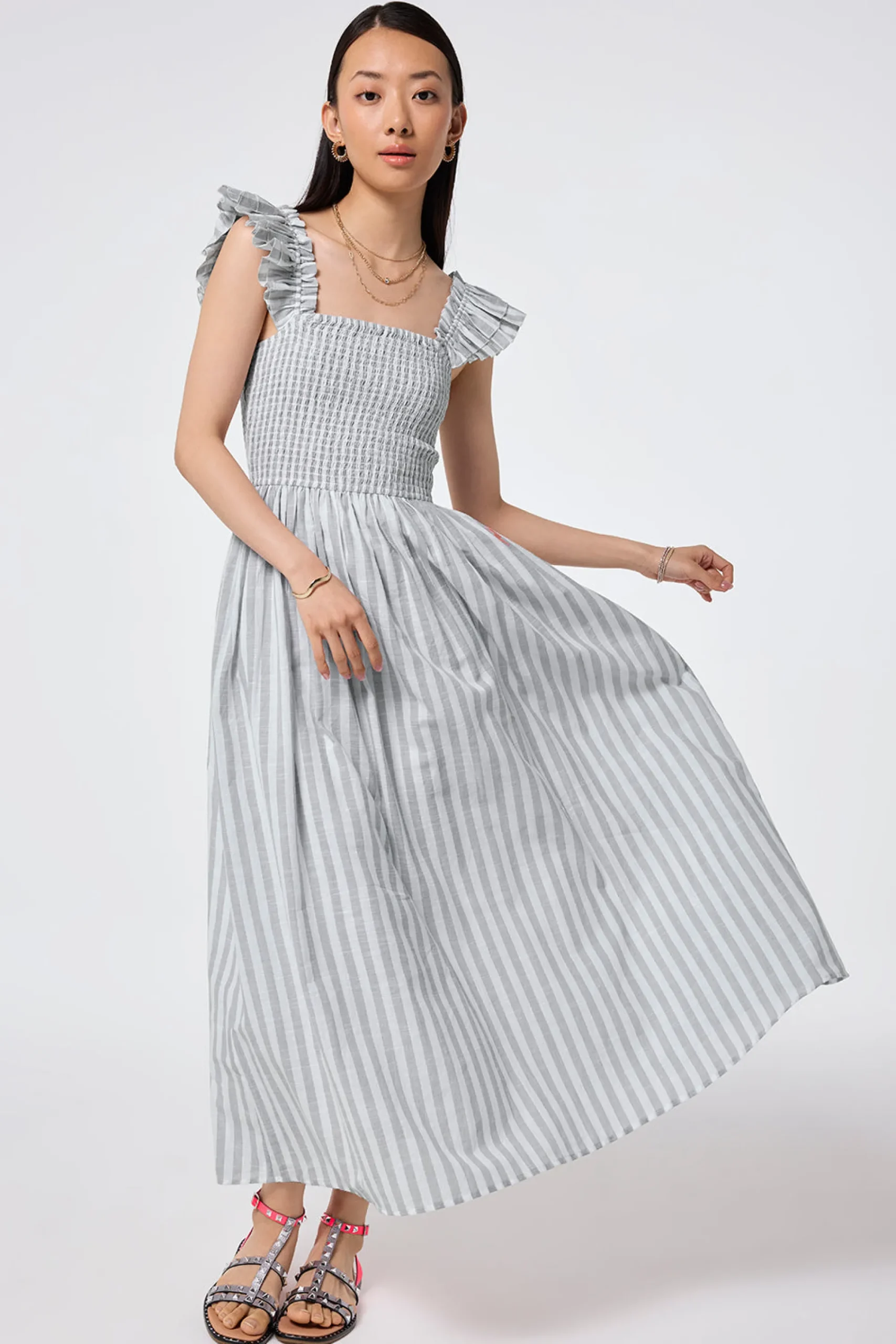 Women Scamp & Dude Grey with White Stripe Maxi Sundress