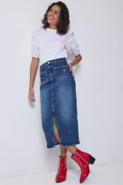 Women Scamp & Dude Indigo Denim Split Front Maxi Skirt