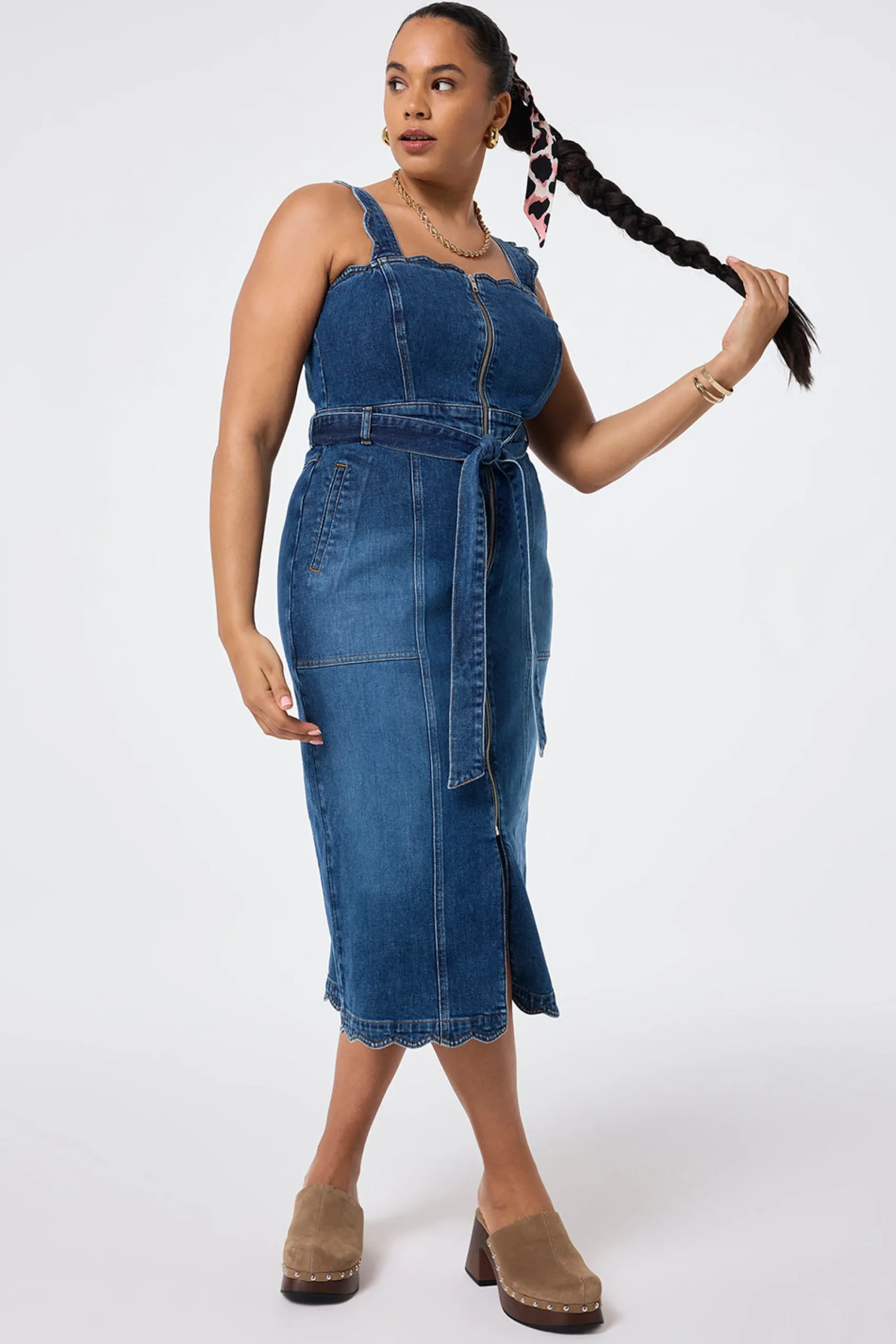 Women Scamp & Dude Indigo Wash Scallop Strappy Denim Sundress
