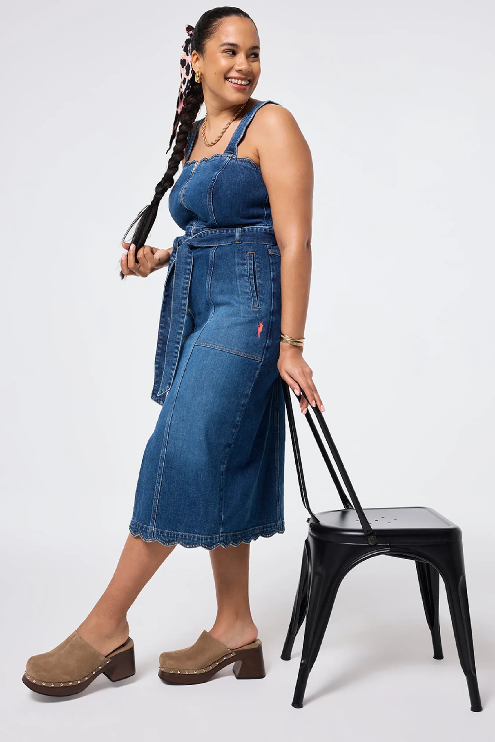 Women Scamp & Dude Indigo Wash Scallop Strappy Denim Sundress