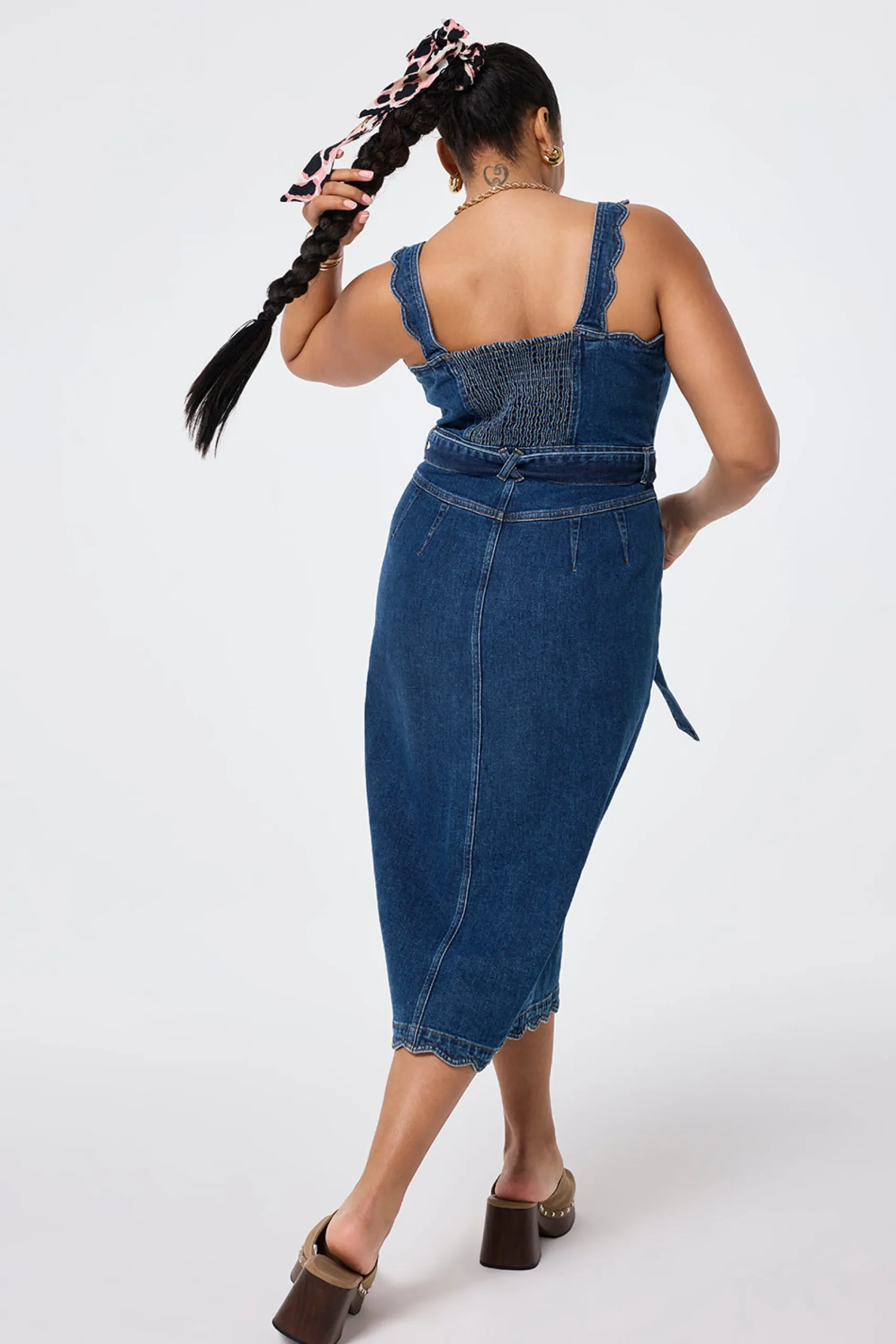 Women Scamp & Dude Indigo Wash Scallop Strappy Denim Sundress
