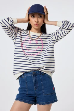 Women Scamp & Dude Ivory with Blue Stripe and Smiley Face Oversized Sweatshirt