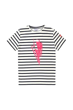 Women Scamp & Dude Ivory with Navy Stripe and Neon Pink Glitch Bolt T-Shirt